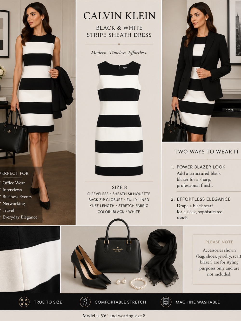 Calvin Klein Black and White Striped Dress with Back Zip